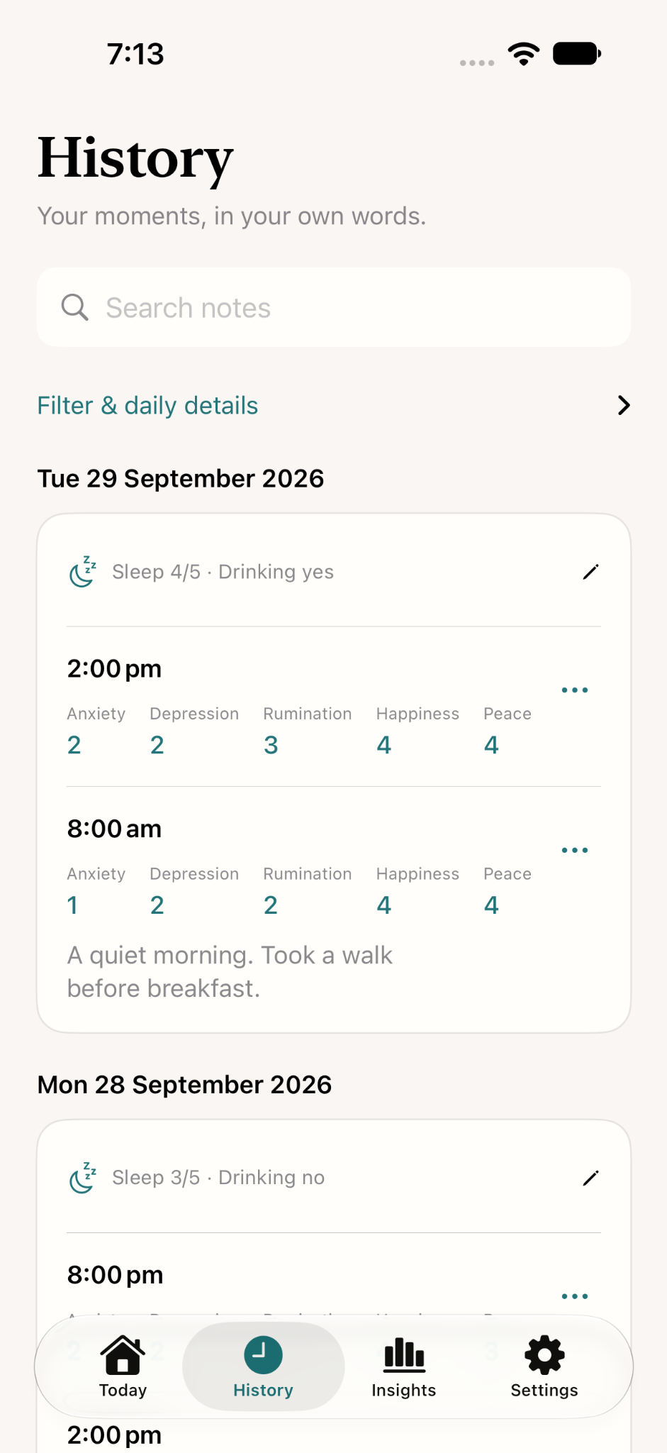 History view of past check-ins